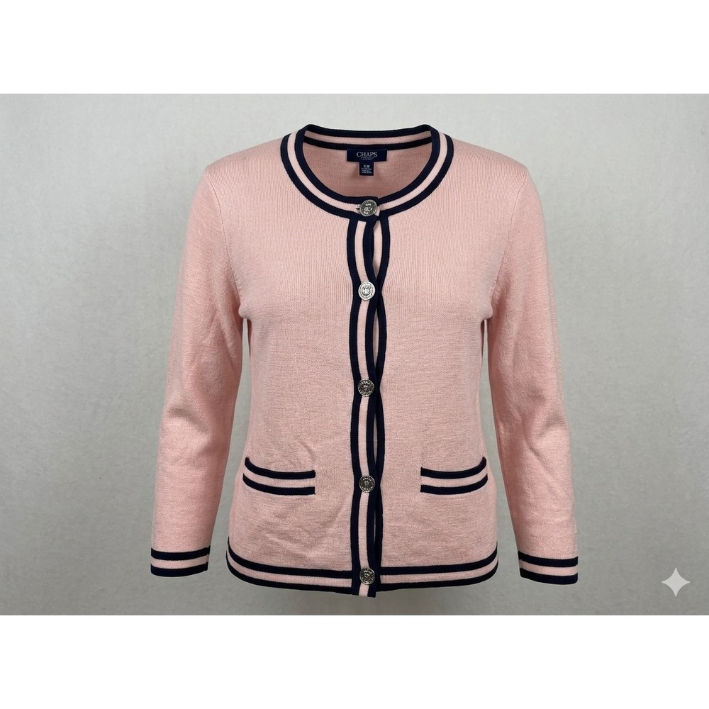 Chaps Ralph Lauren 884094604449 Women's Pink w Black Button Up Cardigan. Sz P/M